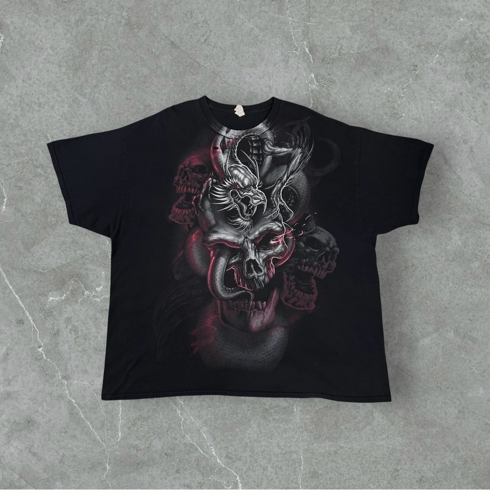 Vtg Y2K Grunge Skull Dragon Black T-shirt